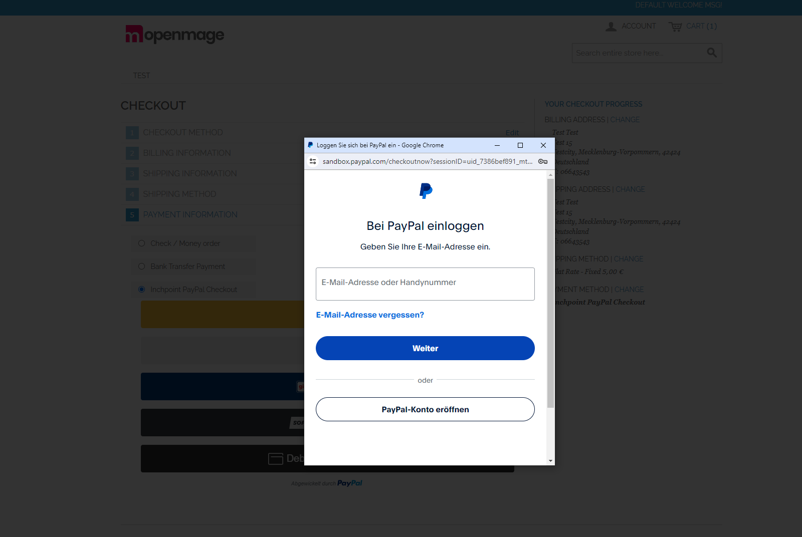 PayPal Checkout Anmeldung